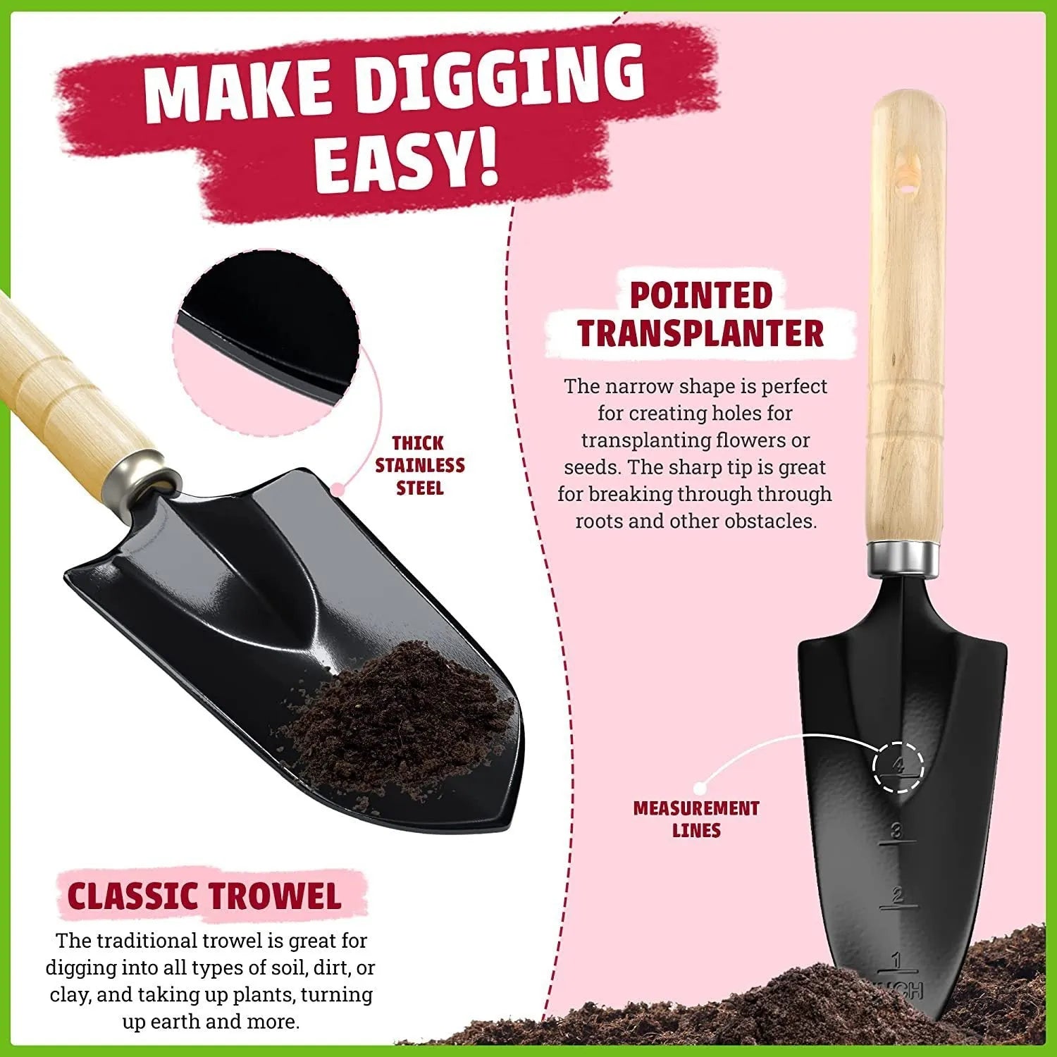 Eight-piece stainless steel gardening tool set including trowel, weeder, and cultivator