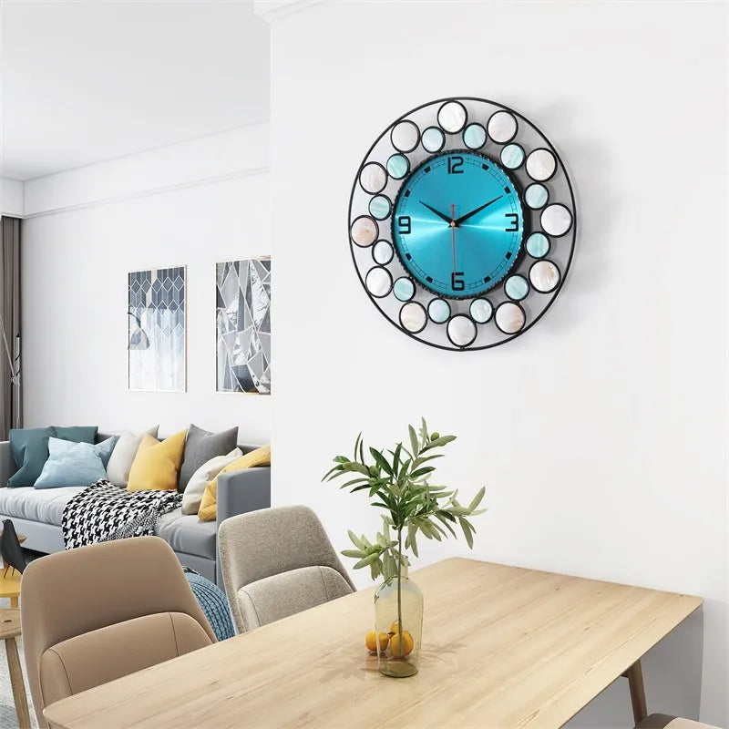 Real shell Nordic minimalist silent wall clock 39x39cm round metal dial flower moon design