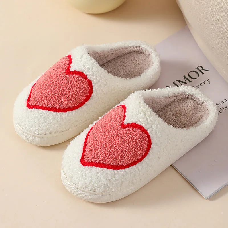 Adult women's plush cartoon pattern slippers with round toe and non-slip PVC sole