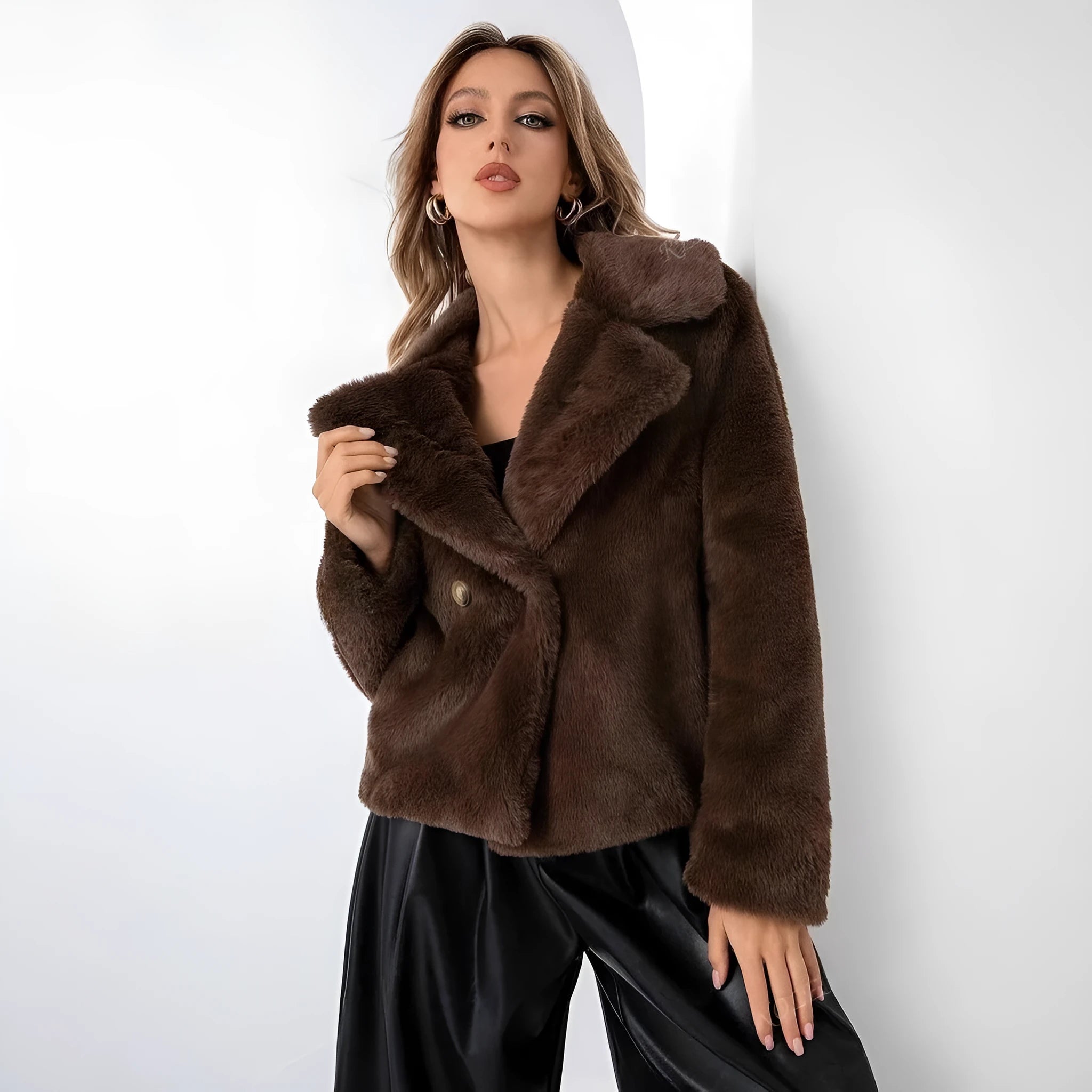 Women's loose short coat in rose red faux fur with regular sleeves, showing 50cm length.