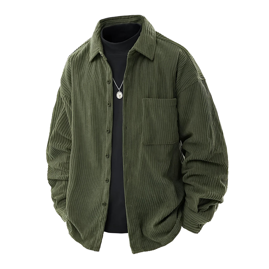 Men's corduroy shirt collar fake two-piece coat in black, front view, long sleeves, straight hem, button front