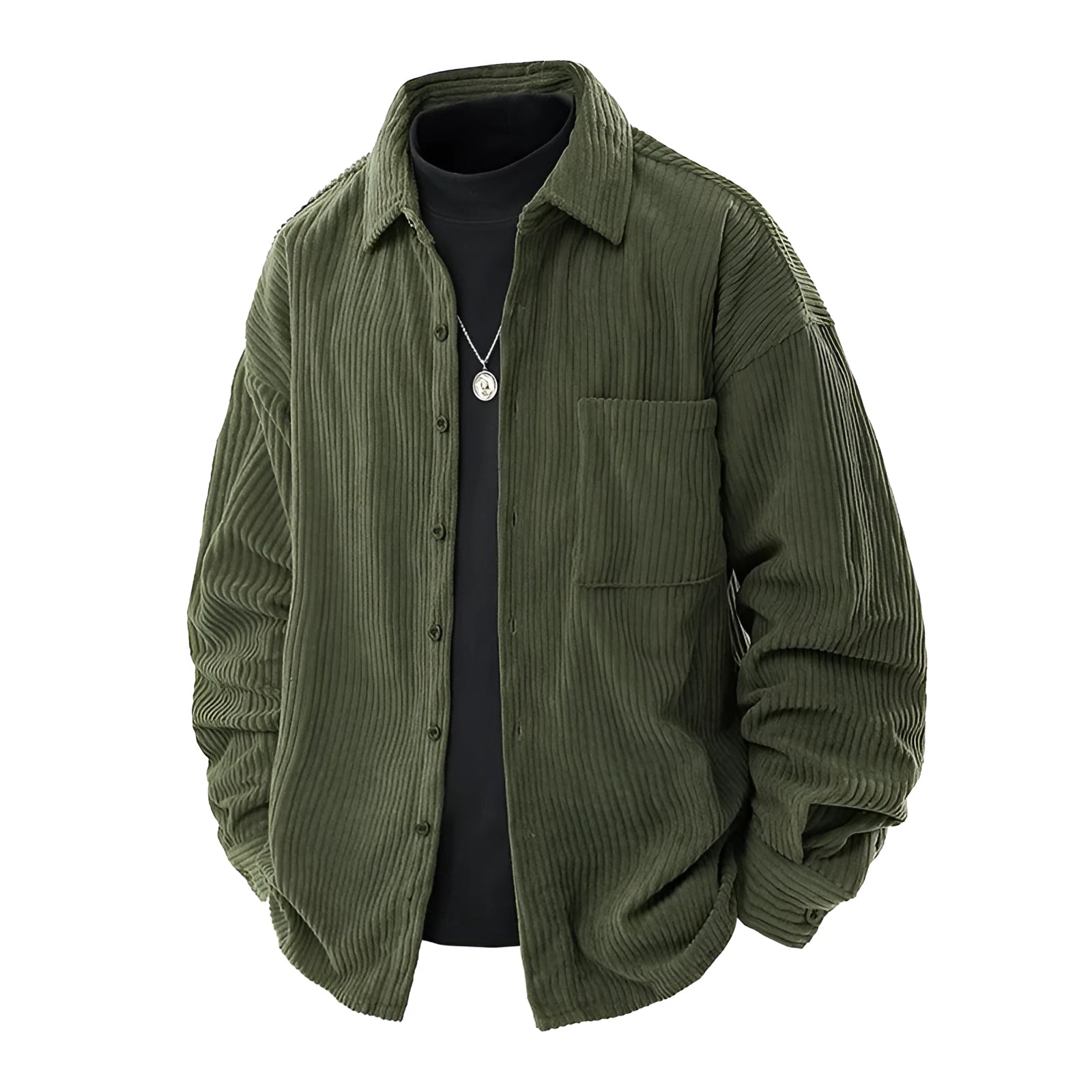 Men's corduroy shirt collar fake two-piece coat in black, front view, long sleeves, straight hem, button front