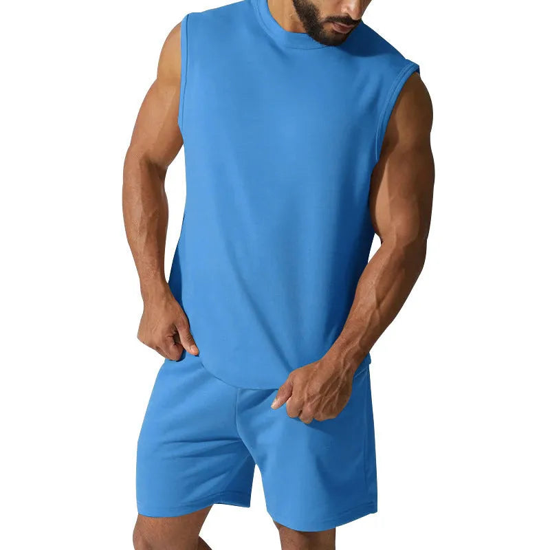 Men's sleeveless top and shorts sports set in cotton blend fabric shown in army green colour.