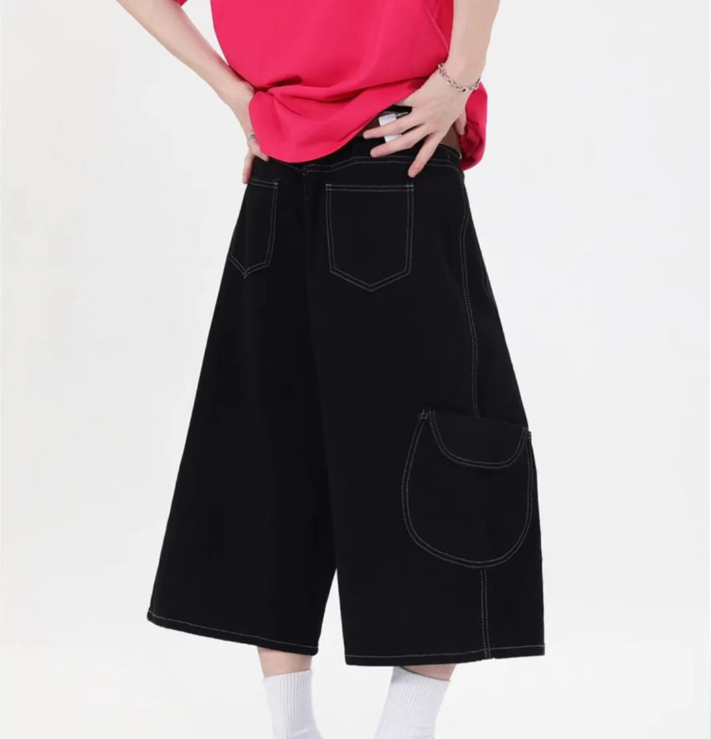 Retro wide leg denim shorts with multiple pockets, shown in red and black colour options.
