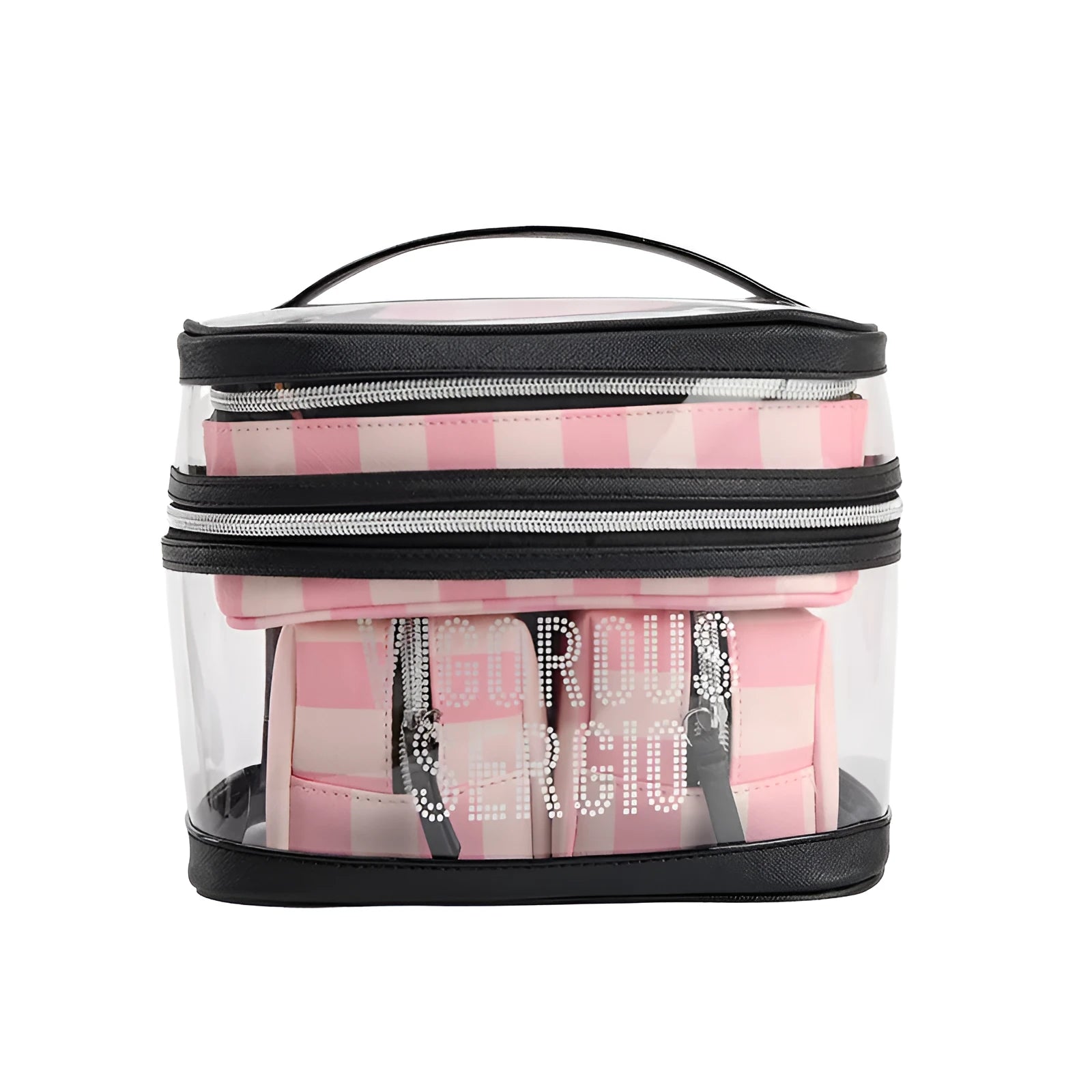 Pink bold stripes and floral pattern synthetic leather makeup buggy bag with waterproof lining.