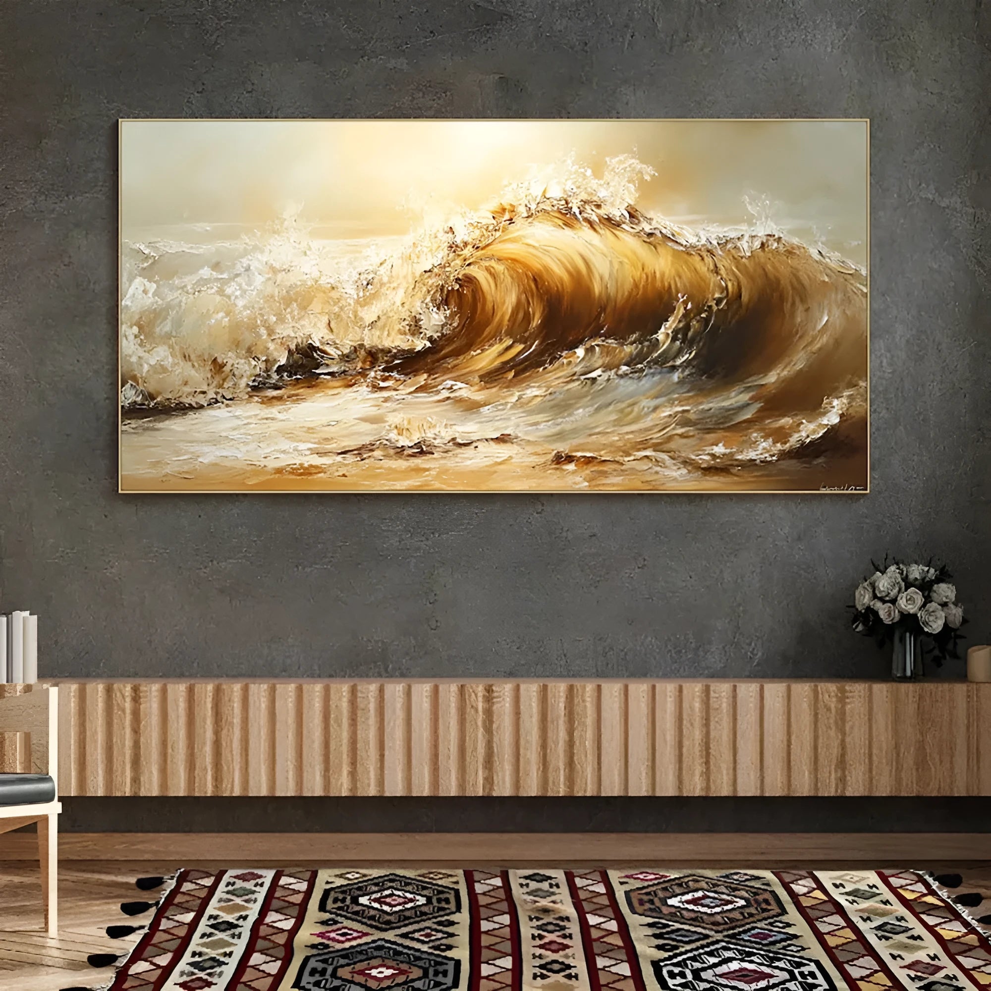 Handmade oil painting canvas abstract yellow waves landscape modern home decor framed