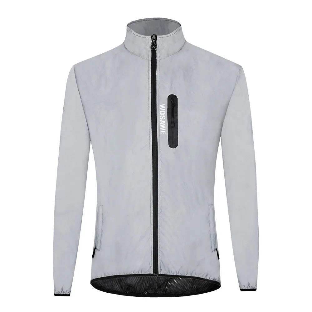 Silver coloured waterproof polyester long sleeved coat with hood on a hanger.