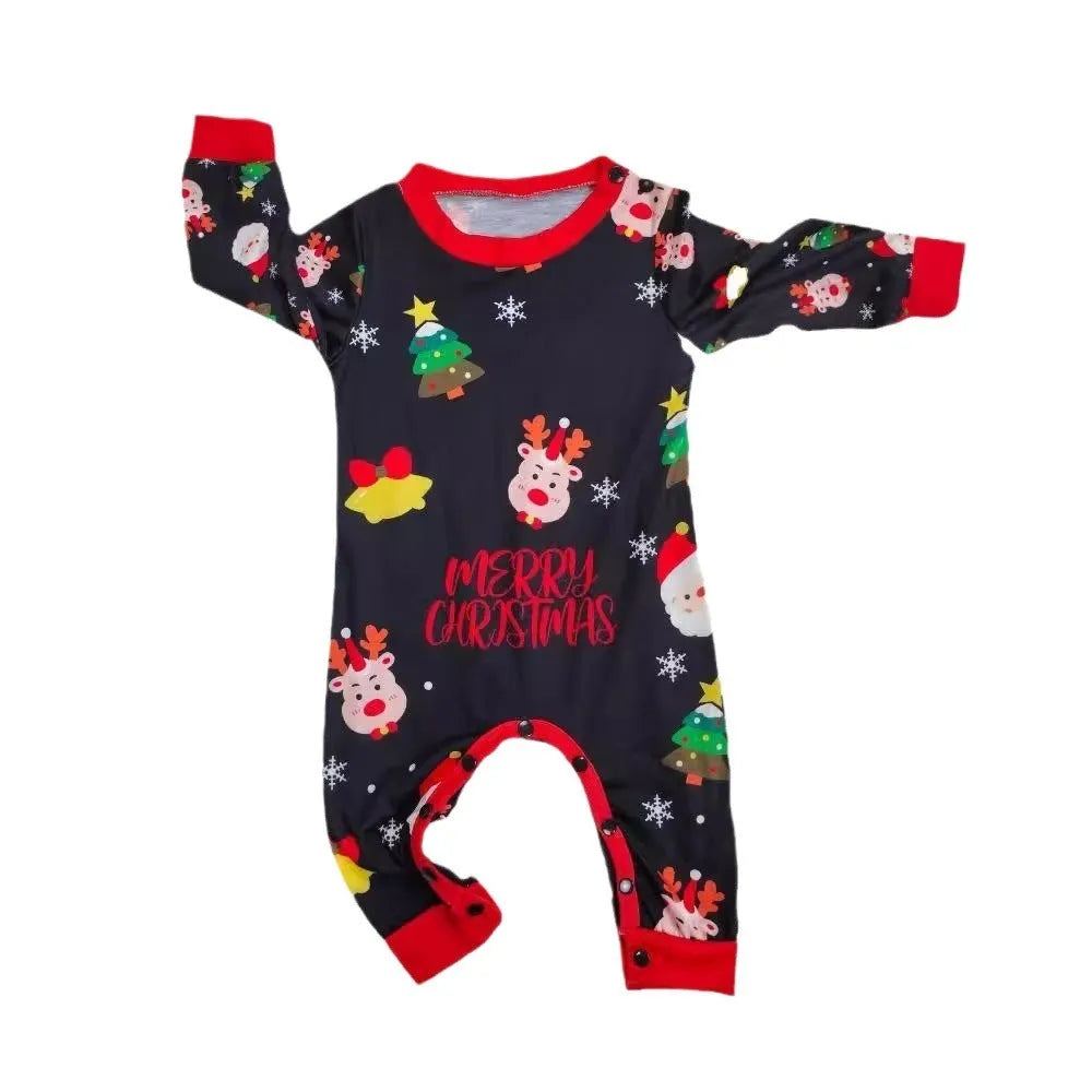 Family Christmas matching pajamas set in festive plaid and cartoon prints with dog sizes included