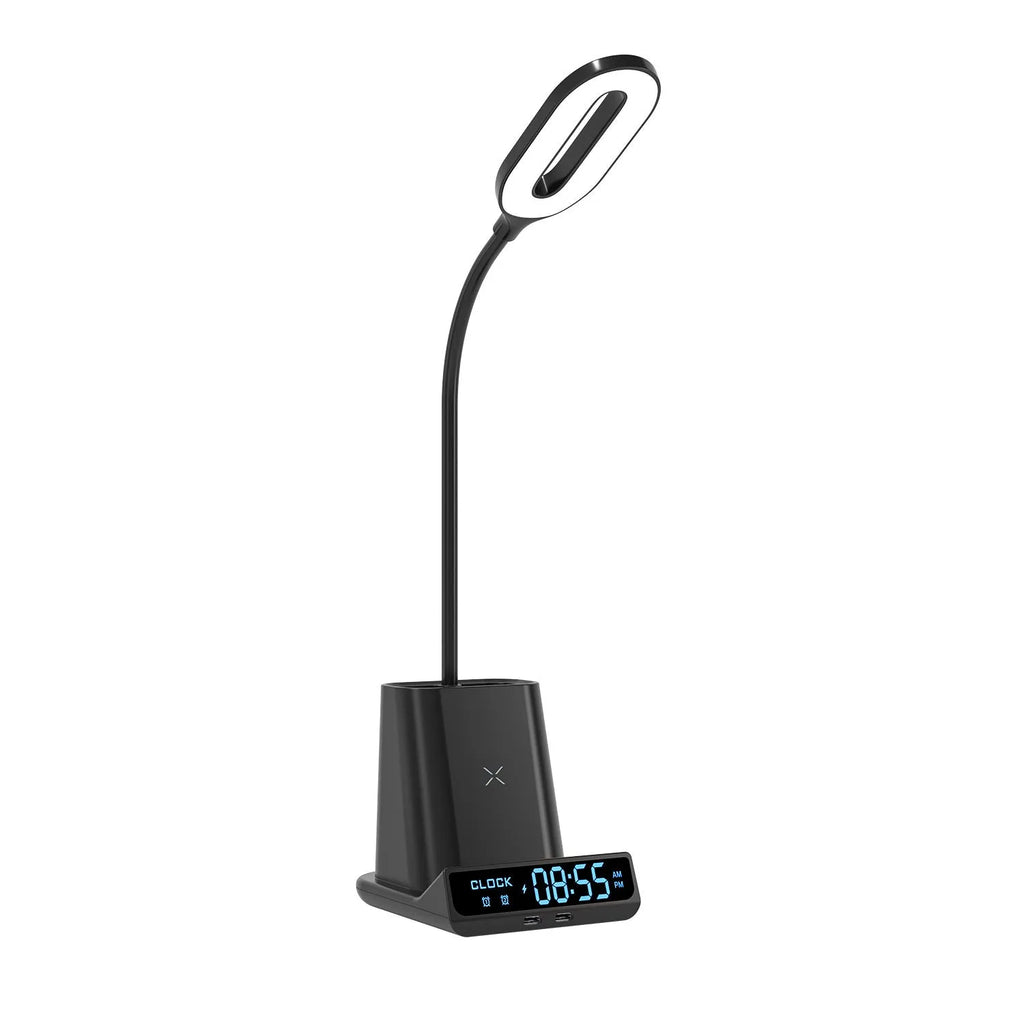 Black wireless charging desk lamp with built-in storage box and pen holder compartments.