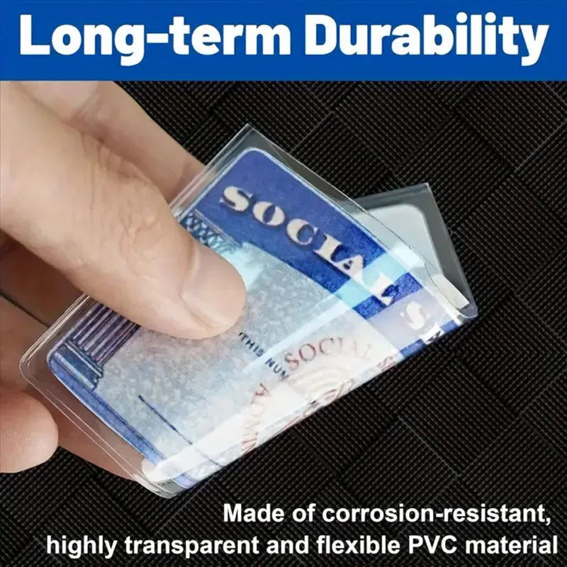 Clear plastic PVC card holder protecting a social security card, showing full card visibility.