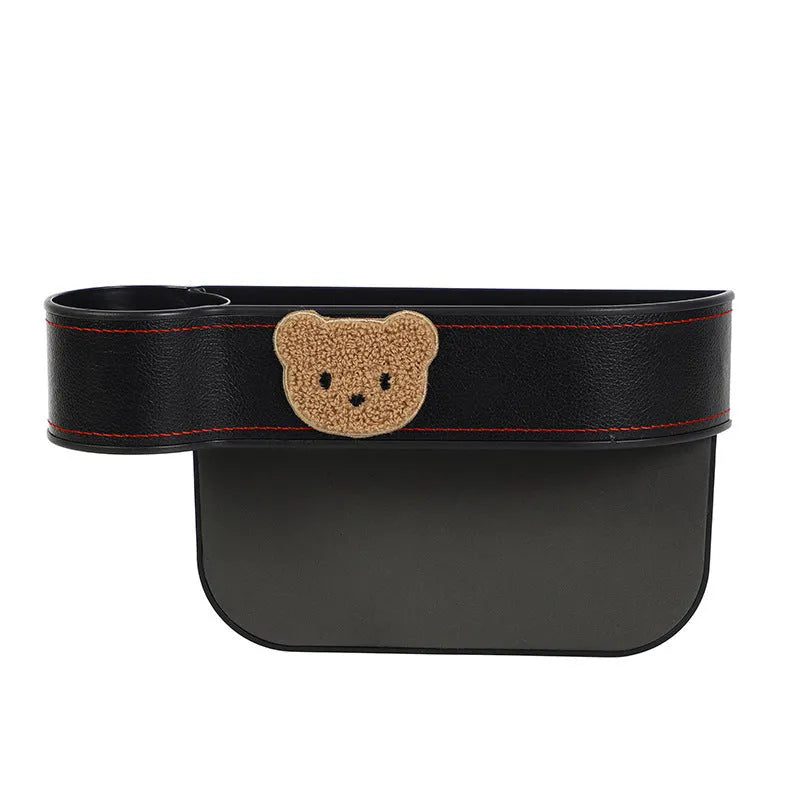 Leather car seat gap storage box with cartoon bear design for organising vehicle interior accessories