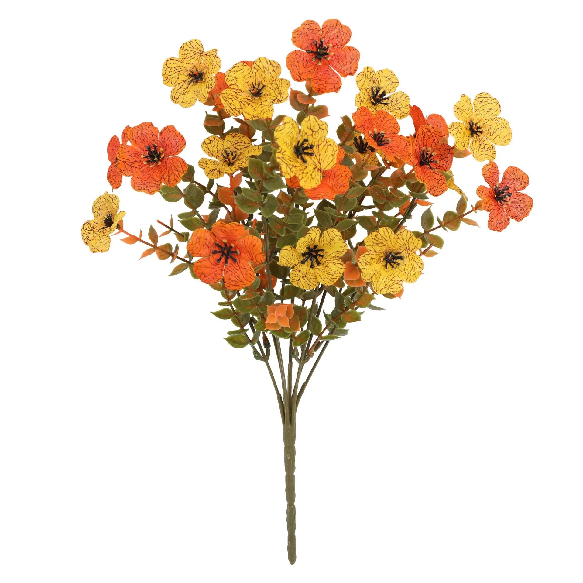 Artificial flower bouquet in autumn colours including orange, yellow, and red tones