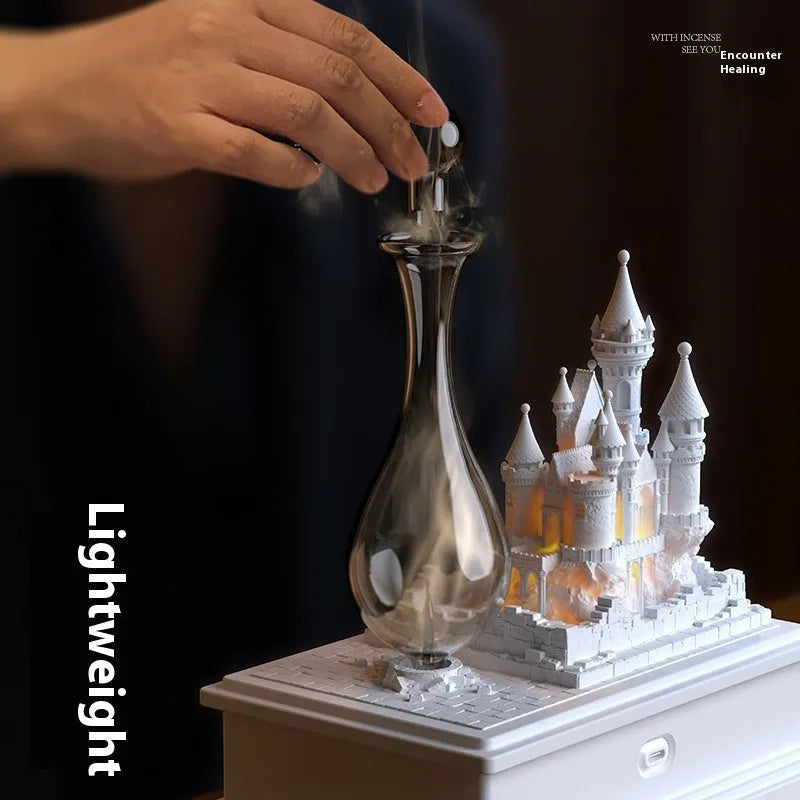 White medieval castle aromatherapy machine with cold fragrance technology and ambient light, measuring 188mm wide by 210mm high
