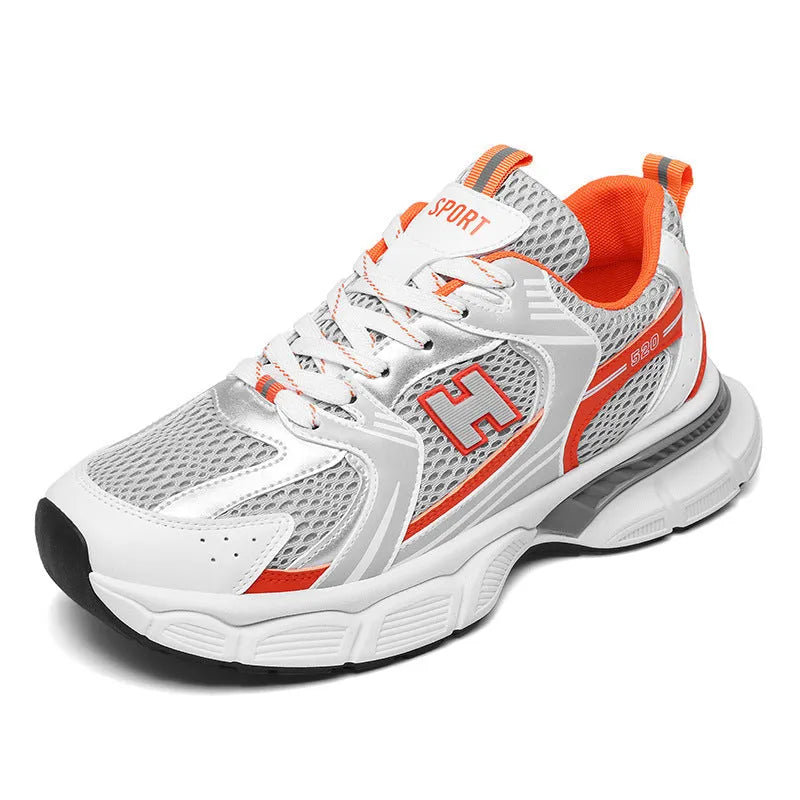 Men's mesh running shoes with plastic sole in black, white and grey, and white orange colour options
