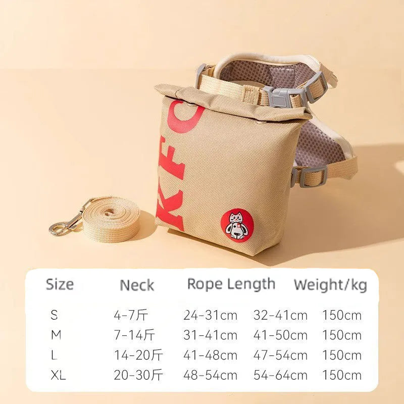 Cartoon hamburger chips design adjustable escape-proof vest leash rope for a dog.