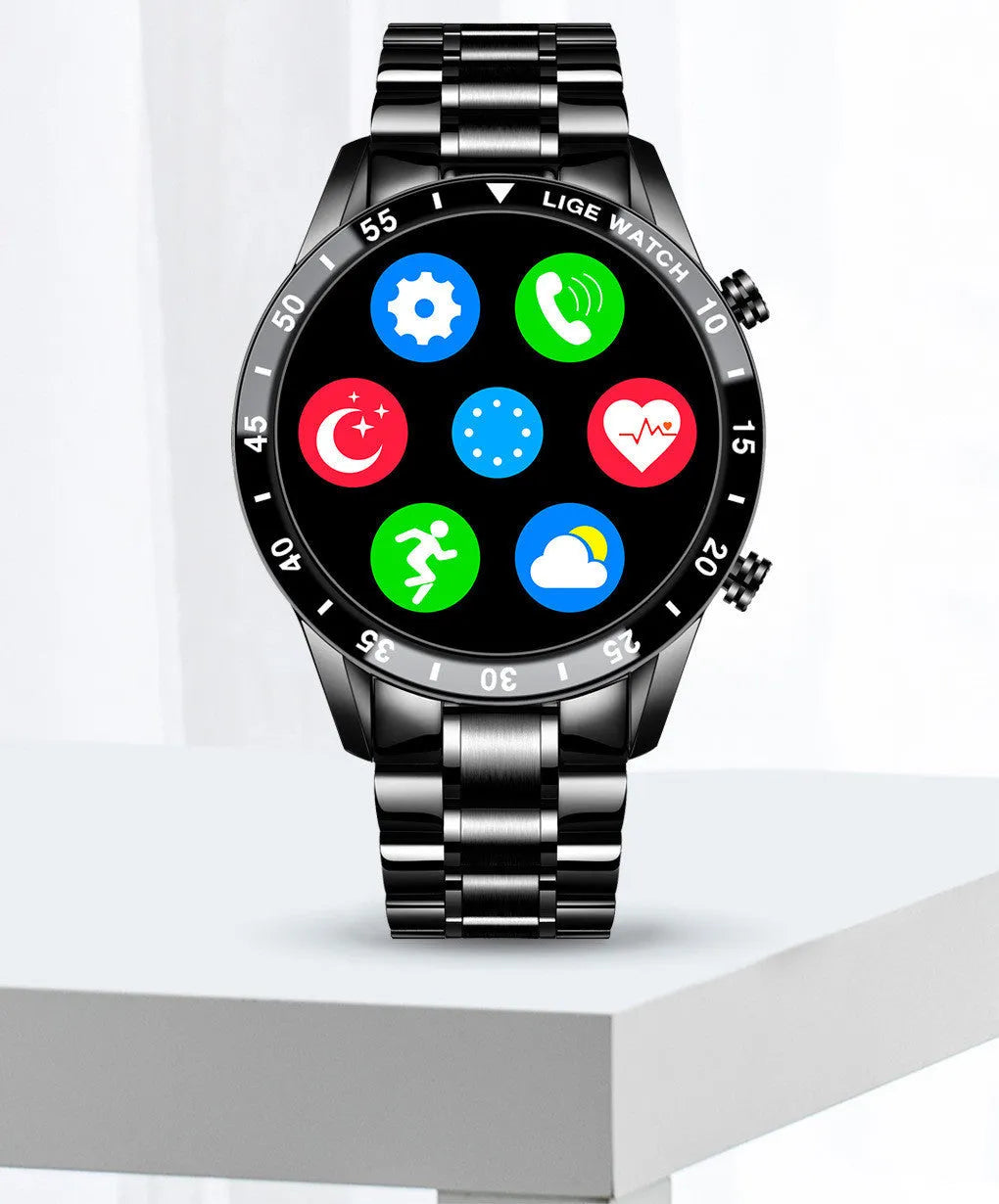 Stainless steel smart watch with black band and 1.3-inch touch screen display