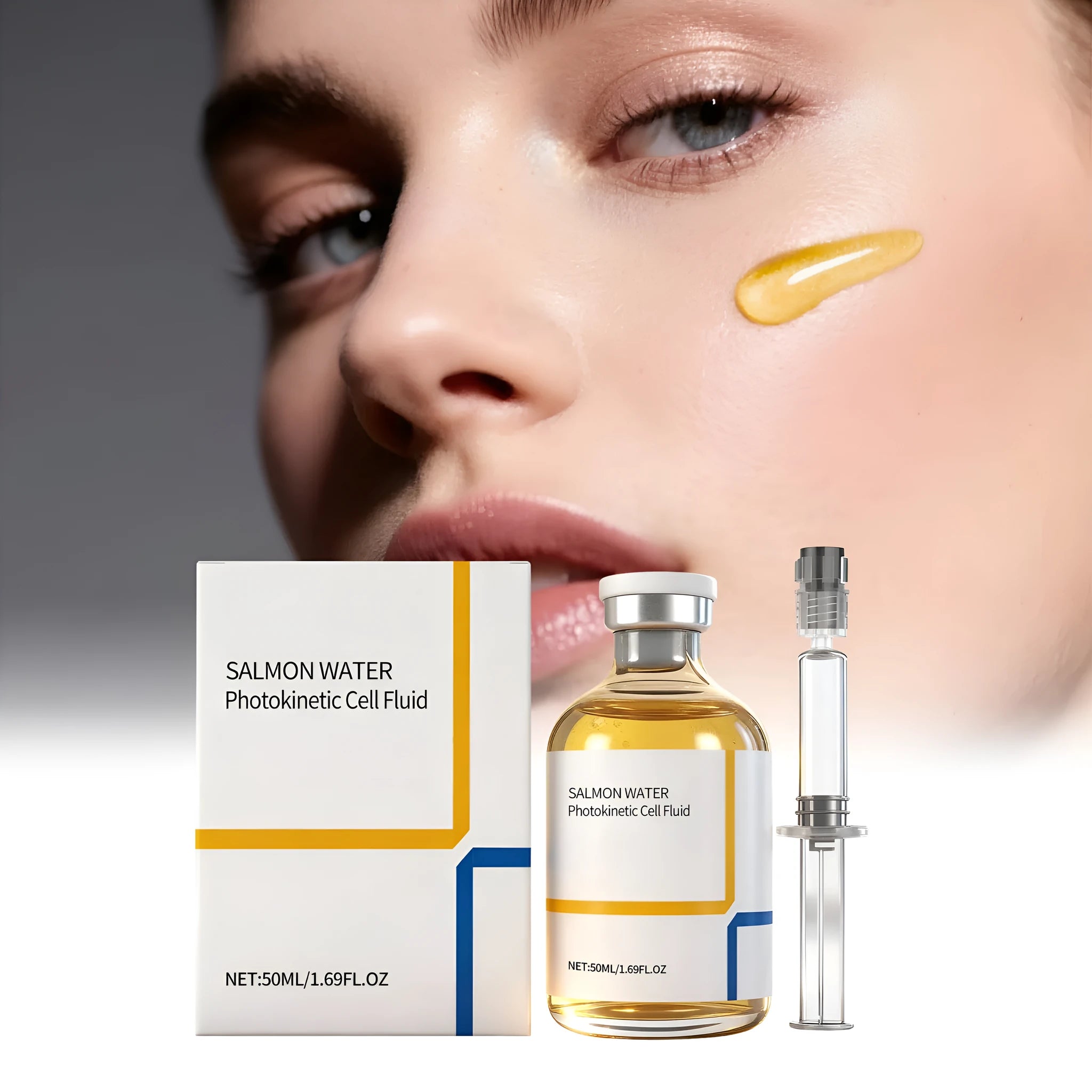 50ml facial essence ampoule tube with collagen, salmon extract, and glass bottle