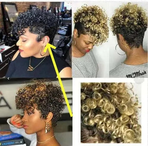 Women's short synthetic wig with simple rolls styling in Kanekalon material showing black, brown, gold, and grey colour options