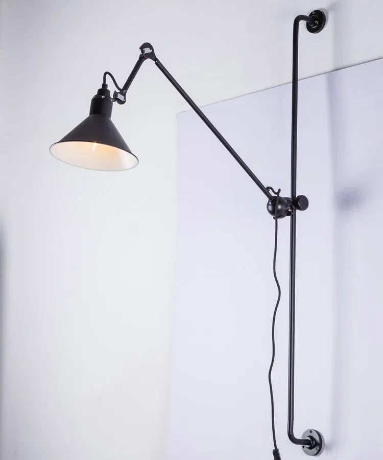 Black rotating rocker arm eye protection wall lamp with plug and Nordic iron lampshade showing warm bulb
