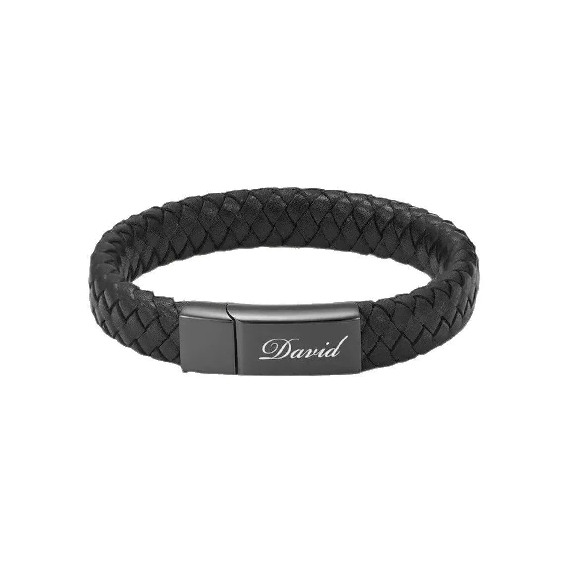 Black woven leather and stainless steel cinerary bracelet with engraving option on a gift box.