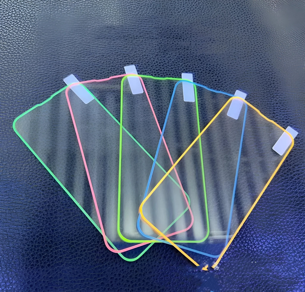 Fluorescent tempered glass iPhone screen protector in luminous colours showing full screen coverage