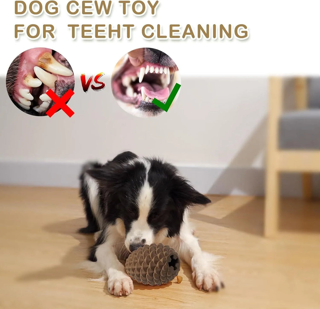Natural rubber pine cone shaped dog toy with treat dispenser for medium and large aggressive chewers