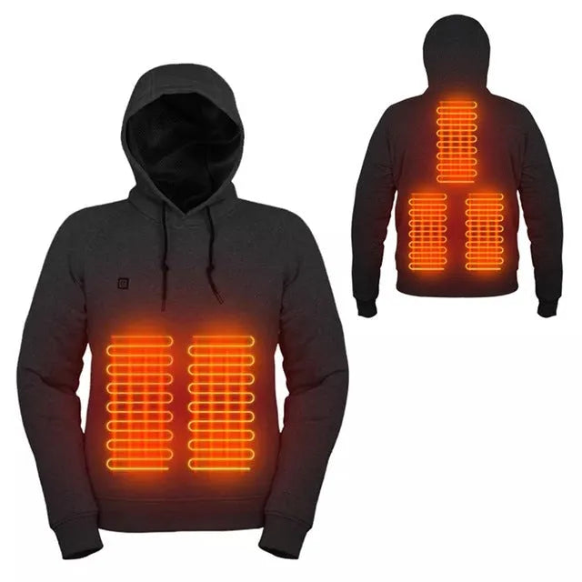 Black USB heated fleece jacket for men and women with three heat levels and carbon fibre elements on a white background