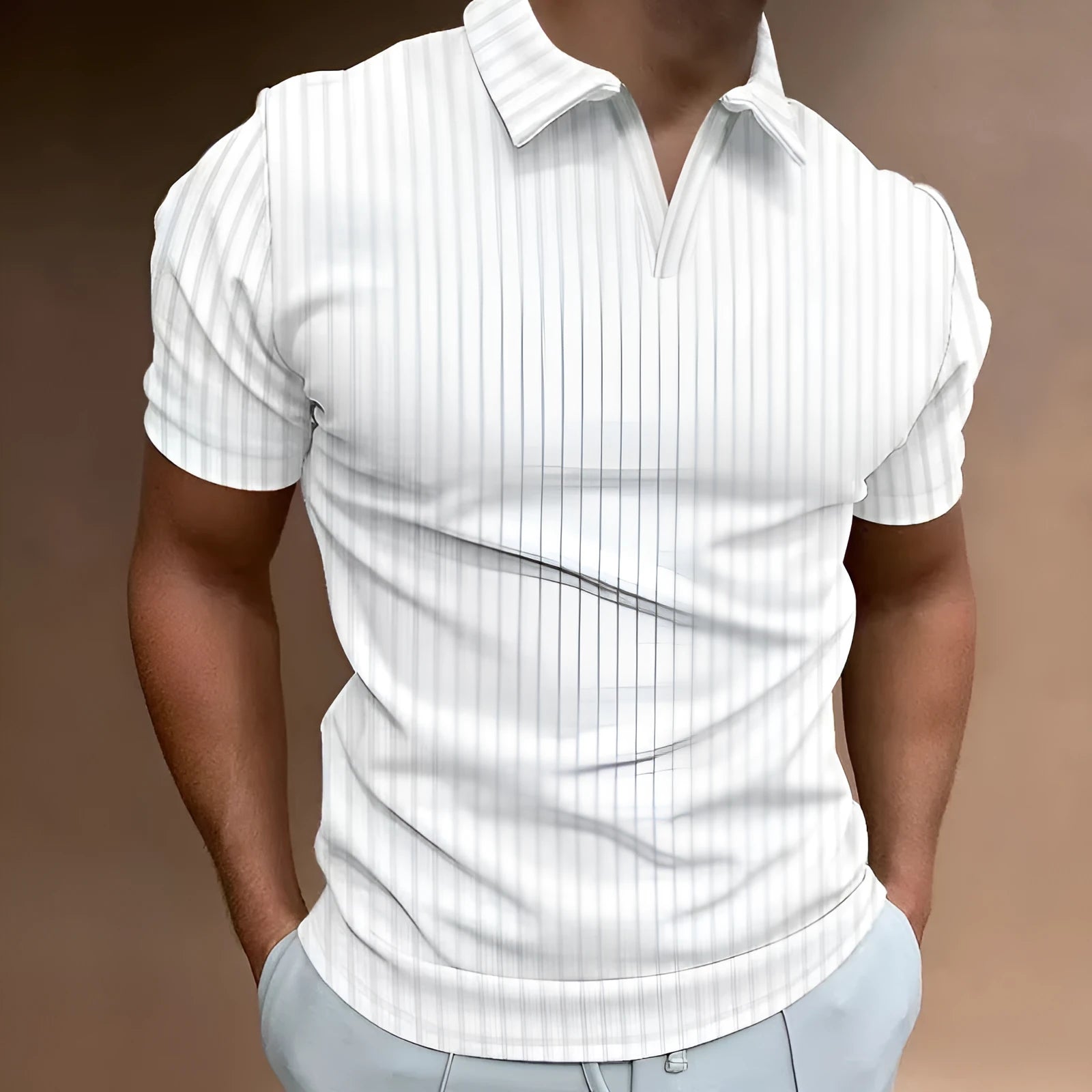 Men's striped V-neck polo shirt in cotton blend fabric with short sleeves for summer sports wear