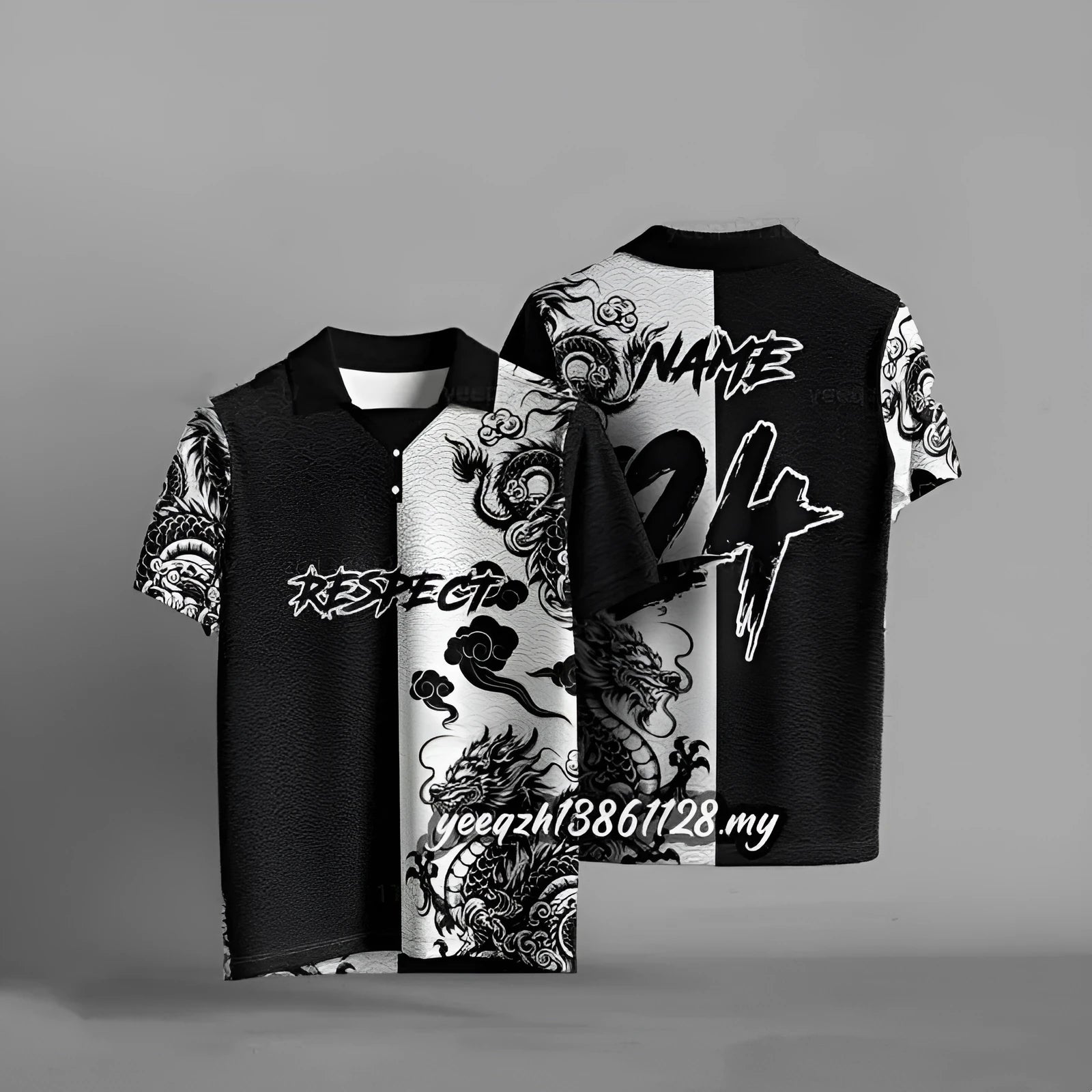 Black loose fit T-shirt with 3D digital printed design, short sleeves, polyester fabric