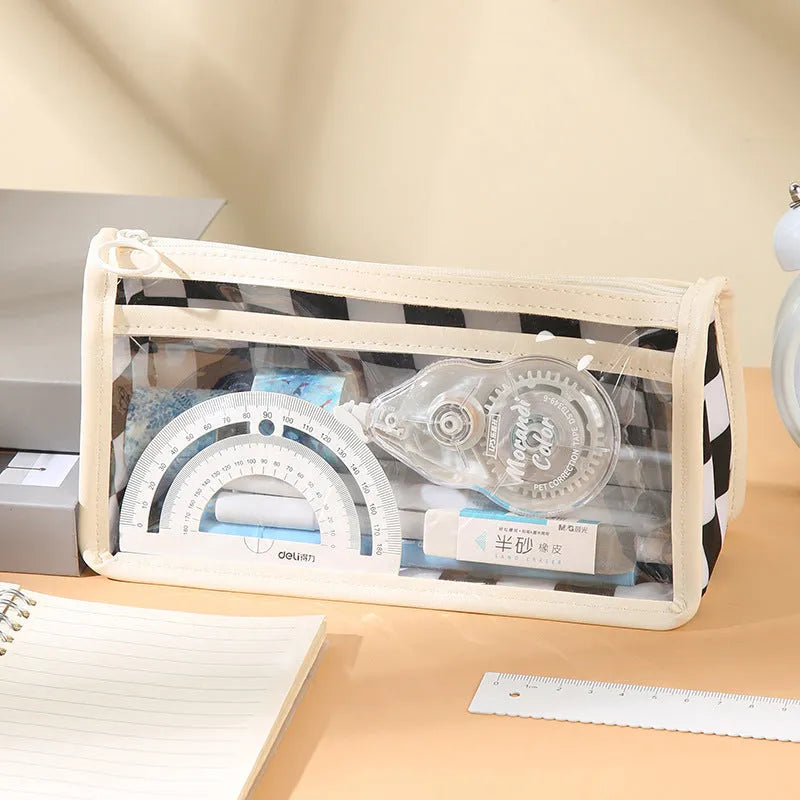 Transparent PVC pencil case with chessboard pattern measuring 21.5 cm long