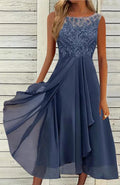 Women's sleeveless chiffon dress with lace stitching in green, purple or blue
