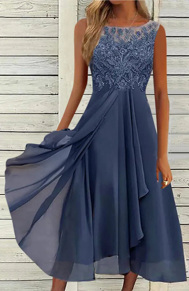 Women's sleeveless chiffon dress with lace stitching in green, purple or blue