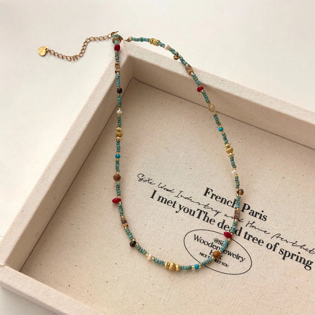New Chinese style natural turquoise colour beaded necklace on titanium steel chain with round pendant for women