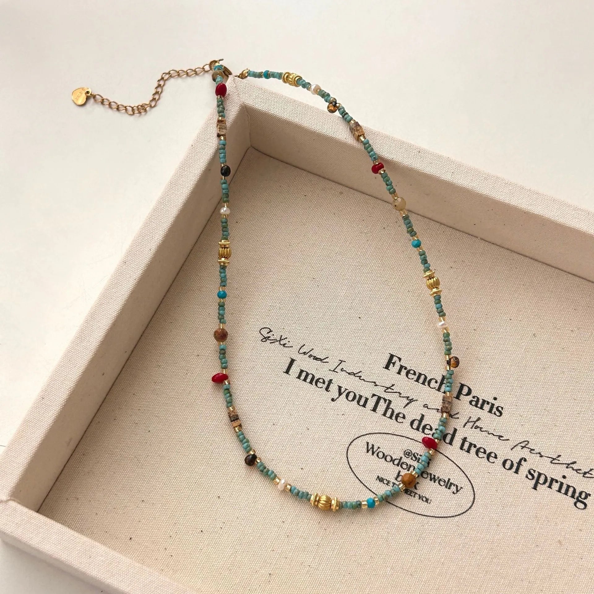 New Chinese style natural turquoise colour beaded necklace on titanium steel chain with round pendant for women