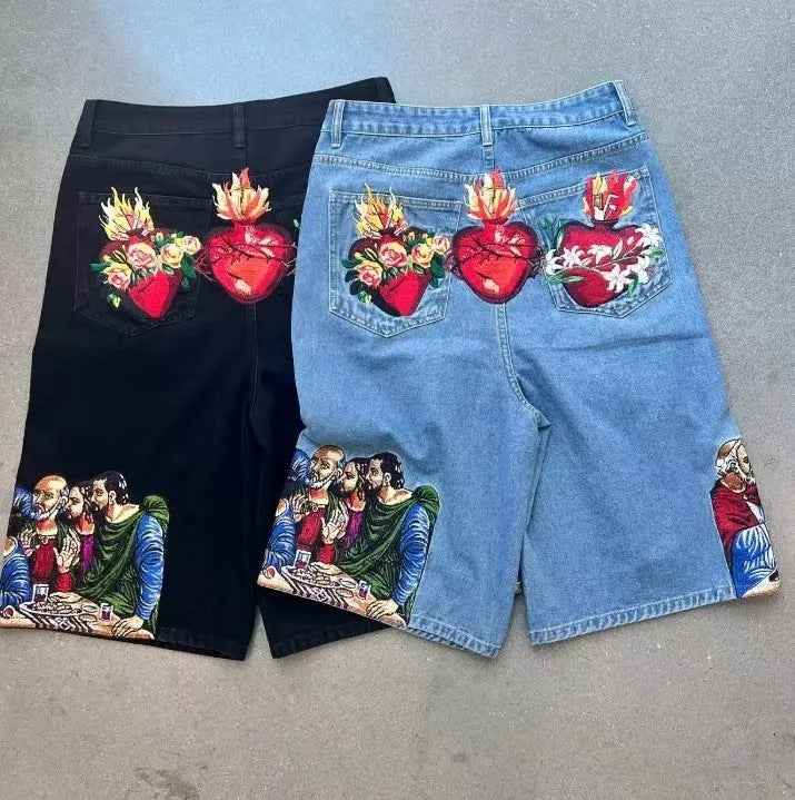Blue men's casual cotton shorts with a Jesus design printed on the back pocket.