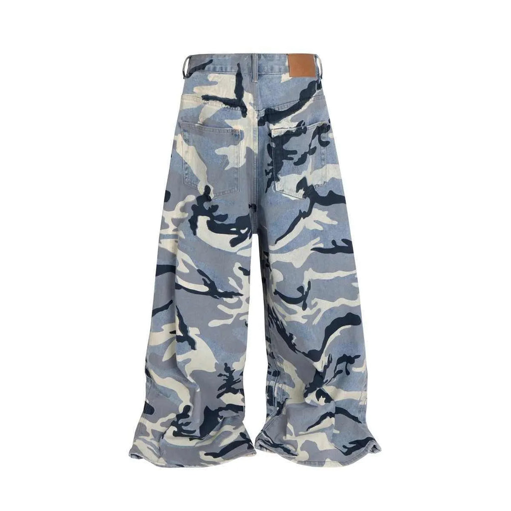 Snow camouflage blue jeans with loose fit trousers design and cotton elastic denim fabric