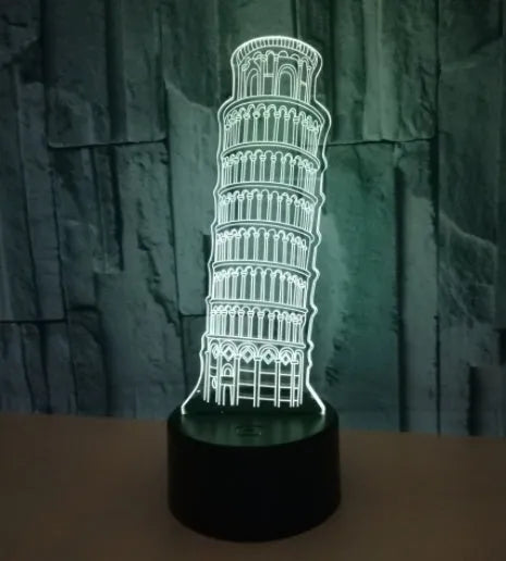 3D Leaning Tower of Pisa acrylic night light on black ABS base, displaying blue LED illumination.