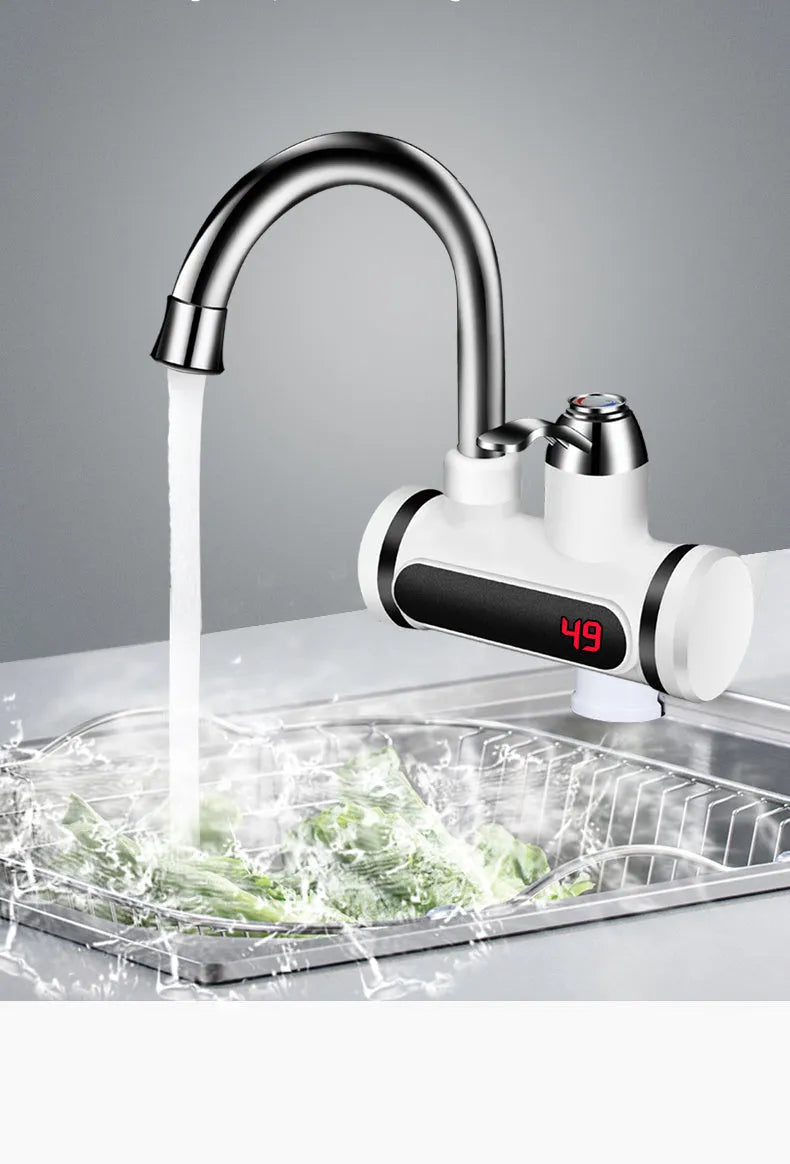 White kitchen electric water heater tap with digital temperature display and control panel