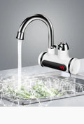 White kitchen electric water heater tap with digital temperature display and control panel