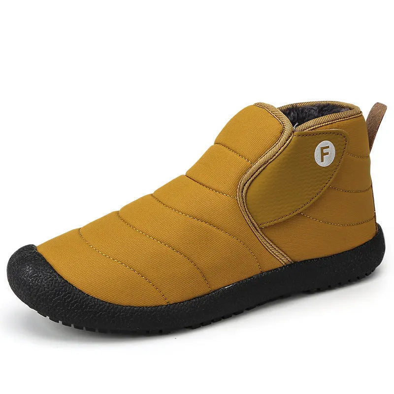 Men's and women's cotton snow boots with a non-slip rubber sole in yellow, green, blue, or black.