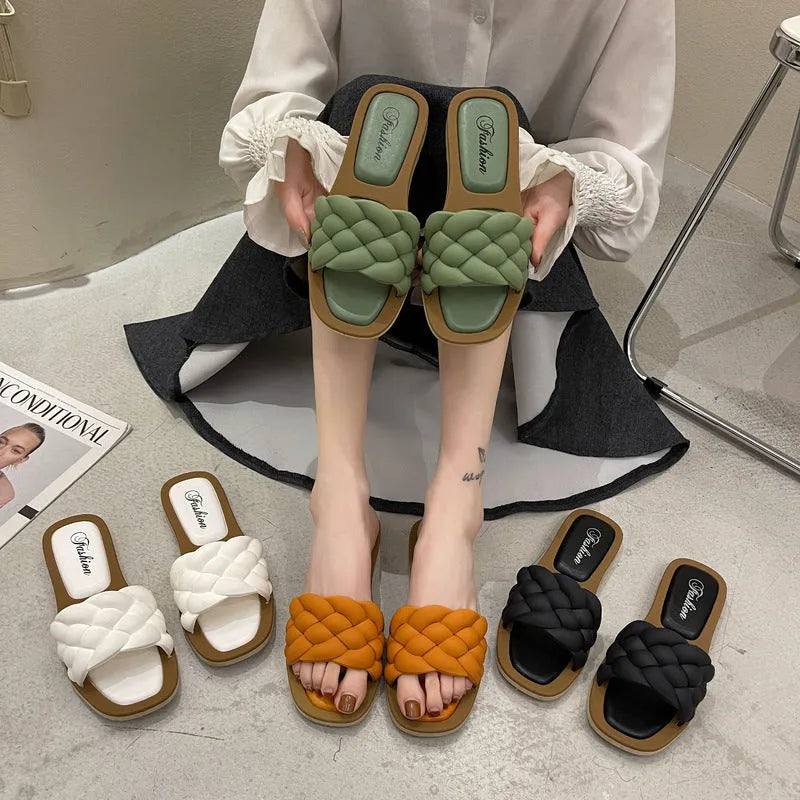 Women's plaid pattern sandals with thick PVC anti-skid sole in white, shown from the side.