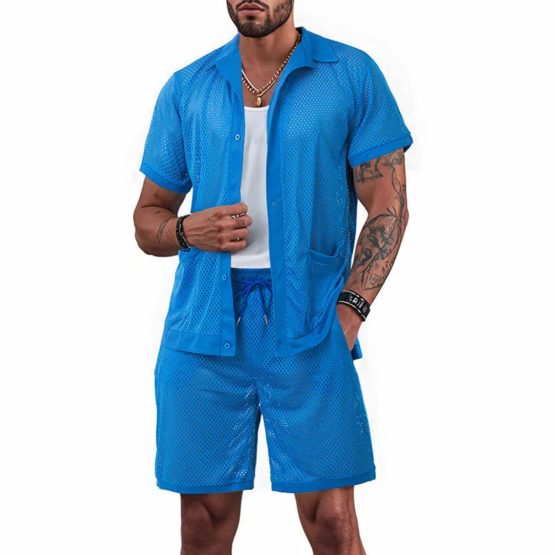 Beach shorts suit set with short sleeve cardigan and matching shorts in lightweight fabric