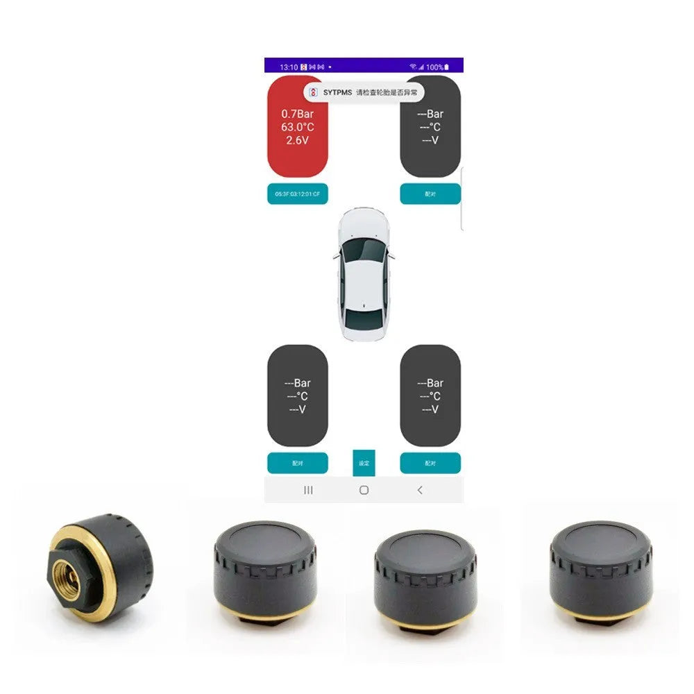 Four black Bluetooth tyre pressure monitors for smartphone connection with IP67 waterproof rating