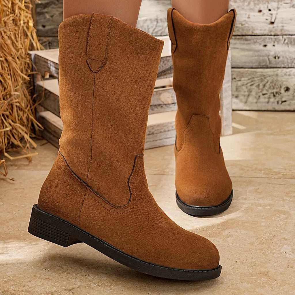 Women's oversized thick heeled black velvet fashion boots with PU upper and rubber sole