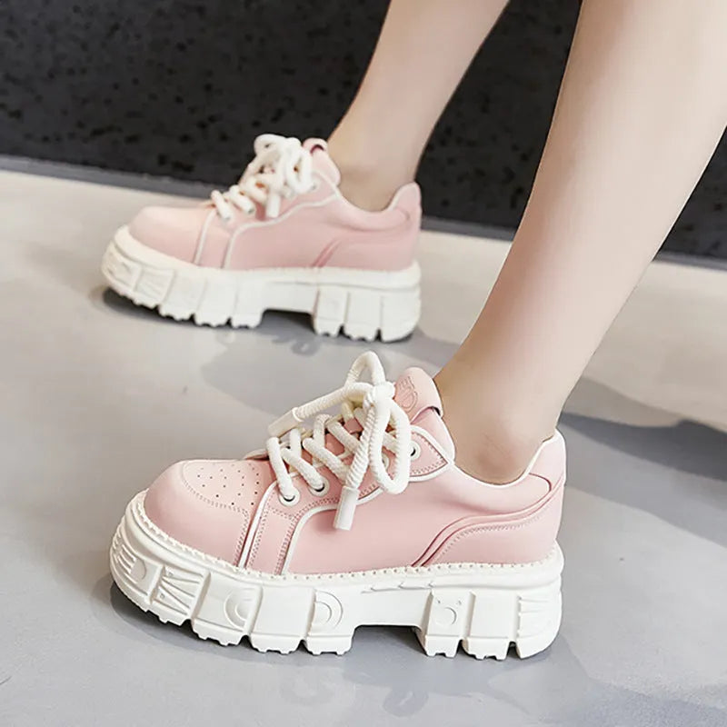 Spring muffin bottom leather casual shoes in beige or pink with height increasing design and rubber foam soles