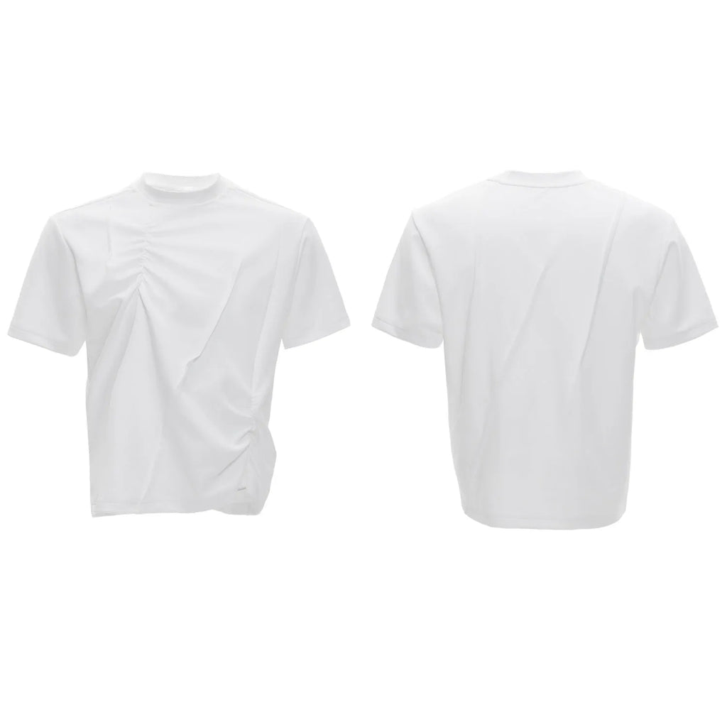 Men's grey cotton T-shirt with loose fit, round neck, and three-dimensional pleated detail on the front.