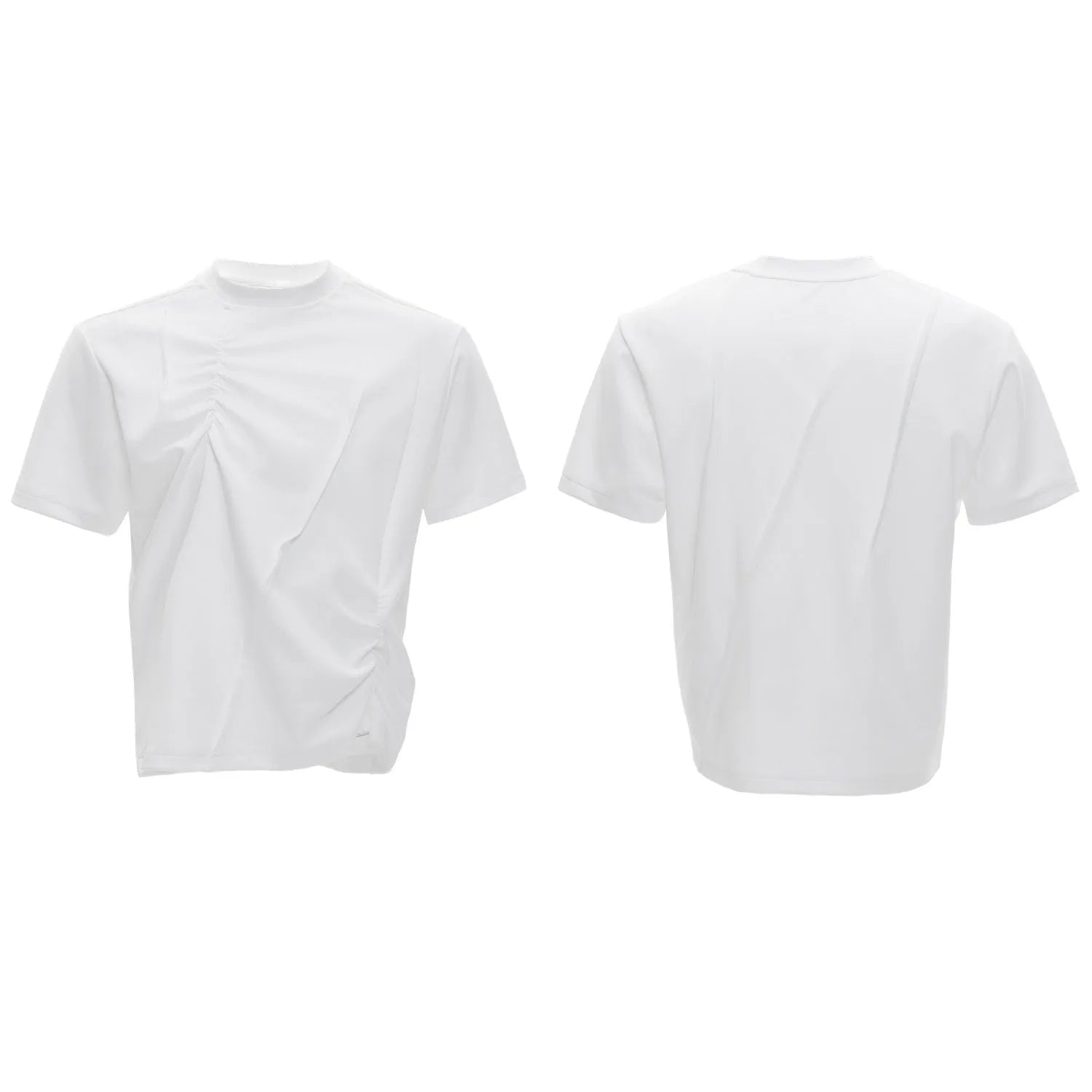 Men's grey cotton T-shirt with loose fit, round neck, and three-dimensional pleated detail on the front.