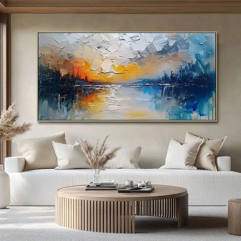 Handmade modern abstract landscape oil painting on canvas, large horizontal size