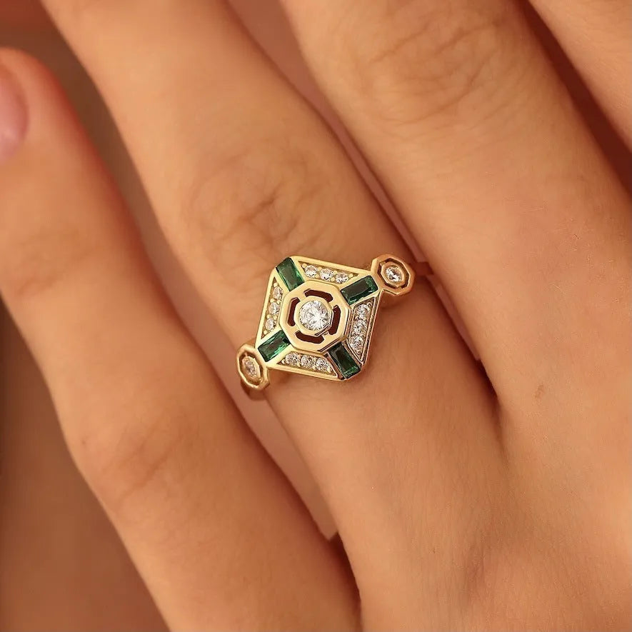 Women's geometric square emerald diamond ring with lvzuan gemstone in electroplated setting