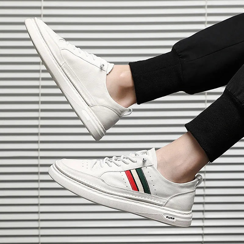 Summer breathable unisex casual shoes with inner increase, leather upper, round toe, white colour